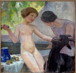 Naked Girl Playing with a Goat. Painting by Joseph Loys Prat (1879-1934), 20th century. Donzere, Town Hall.