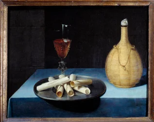The still life wafer dessert of biscuits, wine bottle and glass