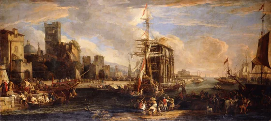 A Capriccio of a Mediterranean Seaport with Austrian Shipping, Merchants and Sailors on Quays in the Foreground, a Company of Militia near the Arch of Constantine and Castel Sant