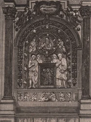 Altar of church of Santa Maria delle Grazie, by Luca della Robbia, Montepulciano, Tuscany, Italy, woodcut from Le cento citta d