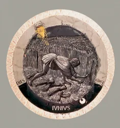 June: a peasant harvesting the wheat. Terracotta by Luca della Robbia