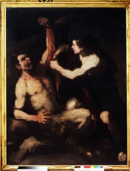 Apollo and Marsyas. Apollo, after winning the challenge against Marsyas, has him flayed and then thrown into a cave. Painting by Luca Giordano (1632-1705)