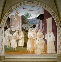 Life of Saint Benoit: Saint Benoit Resurrects a Working Monk on the Construction Site of the Monastery of Mount Cassin After the Collapse of a Wall Because of a Demon