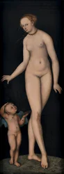 Venus with Cupid as Honey Thief Against a Black Background