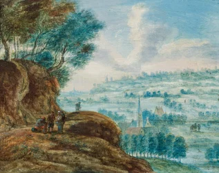 Figures on a Roadway Above an Extensive Landscape