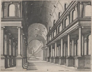 View into a Church with Ionic Columns and a Choir with a Statue