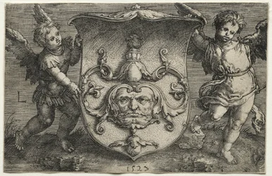 A Shield Bearing a Mask Supported by Two Genii, 1527
