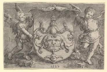 Coat of Arms with a Mask, Held by Two Genii