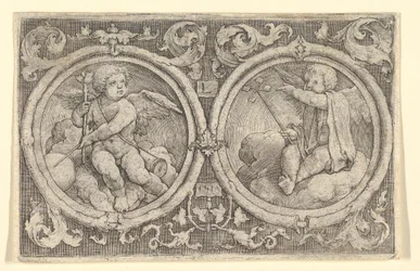 Two Putti Seated in Clouds in Circles with Tendrils