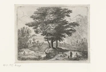 Three Trees, a Shepherd with Sheep and a Dog