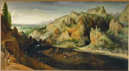 Mountain Landscape with Robbers and Blast Furnace, around 1558