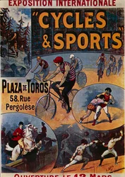 Exposition Internationale Cycles et Sports, advertisement for an international exhibition dedicated to sports, illustration by Lucien Lefèvre, poster