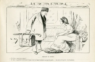 Illustration in Le Rire, 24/08/12 - Return from Russia - Anticlericalism, Russia, President of the Republic, Hats, Official Visit - Marianne, Poincare Raymond (engraving)