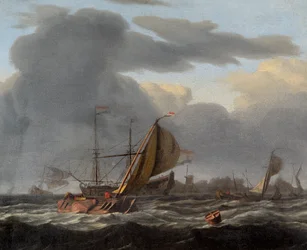 A Warship at Anchor in a Rough Sea