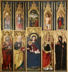 Retable, 10 Panels: Virgin and Child between Saint John the Baptist and Saint Peter, A Bishop and Abbot, Christ on the Cross between Saint John and the Virgin, Saint Martin and Saint Victor, Saint Sebastian and Saint Margaret
