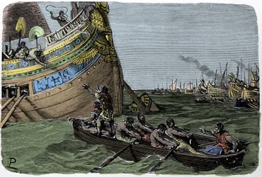 Marc Antony joins Cleopatra in flight after the defeat in the Battle of Actium on 2/09/31 BC, illustration by Ludovico Pogliaghi from 