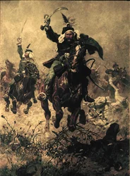 Colonel Rodakowski riding ahead of his regiment at the battle of Custoza