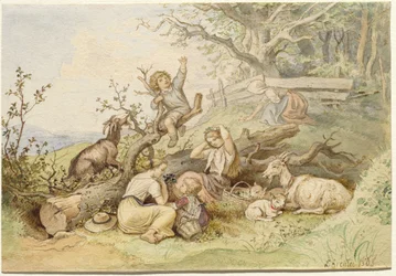 Children and Goats Resting by a Felled Tree