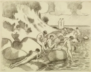 Bathing Boys on the Beach, Two Women in the Background