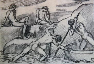 Naked boatman and youths on a green shore