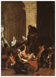 North Transept, Altar of San Rocco 1635-45, Genovesino 1645, Distribution of Goods to the Poor, Painted Lower Left