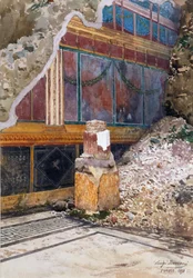 House of the Silver Wedding, damaged fresco of garlands, as seen in situ during excavation, Pompeii