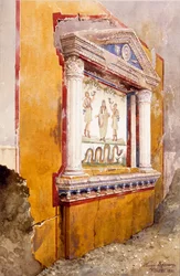 Lararium of family altar, seen in situ after excavation, House of Aulus Vettius, Pompeii, c. 36-39 AD, 1895