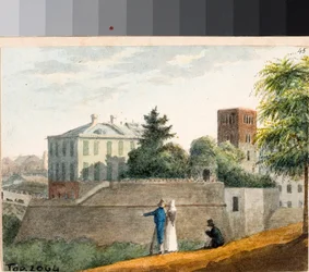 View of bastions and Santo Stefano bell tower, Genoa