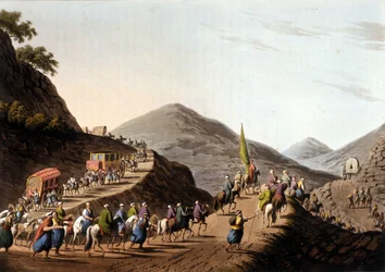 Exodus on the roads of the Balkans mountains - in “Views in the Ottoman Dominions, in Europe, in Asia, and some of the Mediterranean islands” from the original drawings by Luigi Mayer, London
