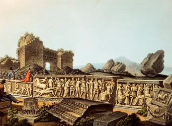 European visitors viewing marble reliefs, by Luigi Mayer, Engraving