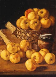 Apples in a Basket, a Jar and Condiment Boxes on a Table
