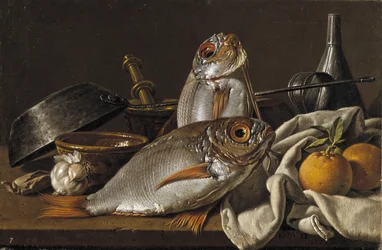 Still Life With Bream, Oranges, Garlic and Kitchen Utensils