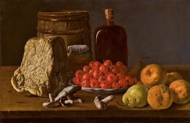 Still life with a plate of azaroles, fruit, mushrooms, cheese and receptacles