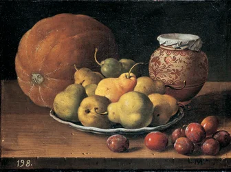 Pears on a Plate, a Melon, Plums and a Decorated Mansies Jar on a Wooden Ledge