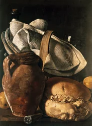 Still life of tea towel, jug and bread