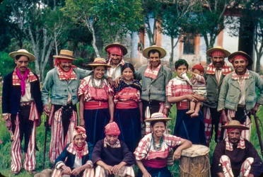 Guatemalan Villagers in Traditional Clothes Pose for Group Portrait in Todos Santos