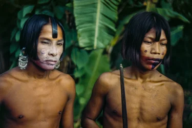 Men of Emberá tribe, an indigenous people at edge of a jungle, Panama