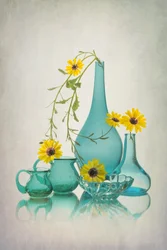 Blue Glass, Yellow Flowers