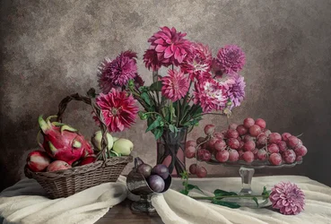 Dahlia and Fruit Still Life