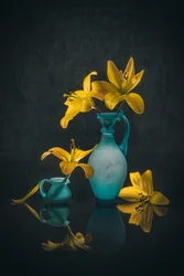 Golden Lilies Teal Vases