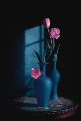 Pink Tulips Blue Vases