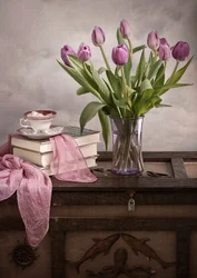 Purple Tulips and Old Books