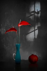 Red Anthuriums Blue Vase