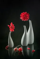 Red Dahlias and Vases