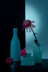 Teal Bottles with Blooms
