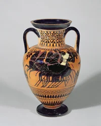 Attic black-figure Amphora depicting a wheeled chariot