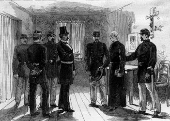 Deportation of the Jesuits from the Rue de Sevres in Paris following the decrees of March 1880 issued by Jules Ferry and removing the right to teach members of unauthorized religious congregations: a Jesuit father apprehended in his cell. 30 June 1880