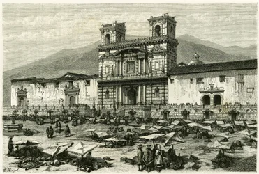 The Cathedrale of Quito and the popular entertainment on its square (Engraving by Clerget and Ferdinandus)