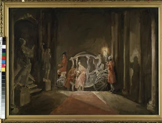 A guest. A young woman, reminiscent of Cinderella, mysteriously descends from a carriage in the middle of the night. Painting by Max Friedrich Hofmann, 1926. Museum of Fine Arts of Mikalojus Konstantinas Ciurlionis, Kaunas, Lithuania