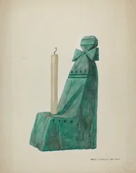 Painted Wooden Candle Stick, with Grooves and Circles, c. 1937